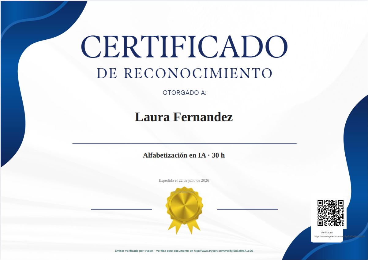 Vista previa del certificado de Laura Fernandez — Alfabetización en IA · 30 h, emitido por Aprende de IA